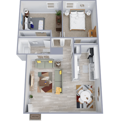 Floor plan for 2 beds, 1 bath, 865 sqft